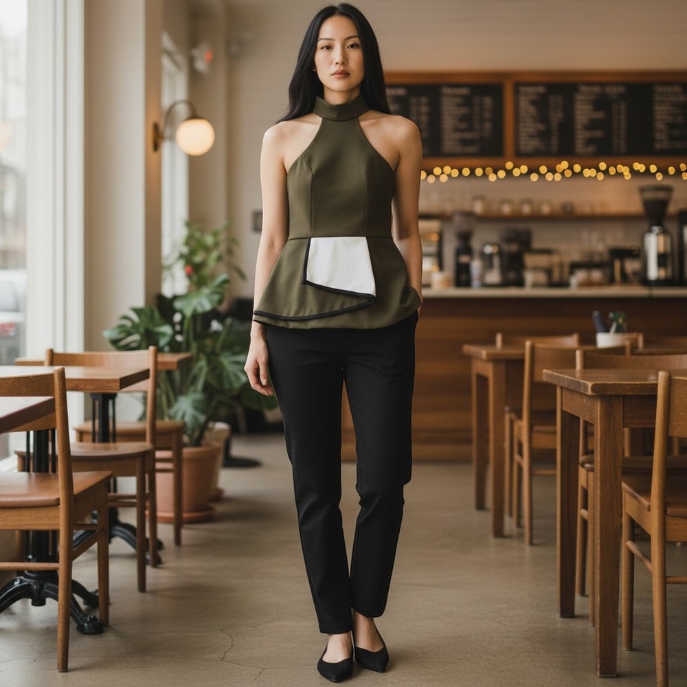 Finders Keepers Olive Green Halter Peplum Top Colorblock Asymmetric XXS FX151113